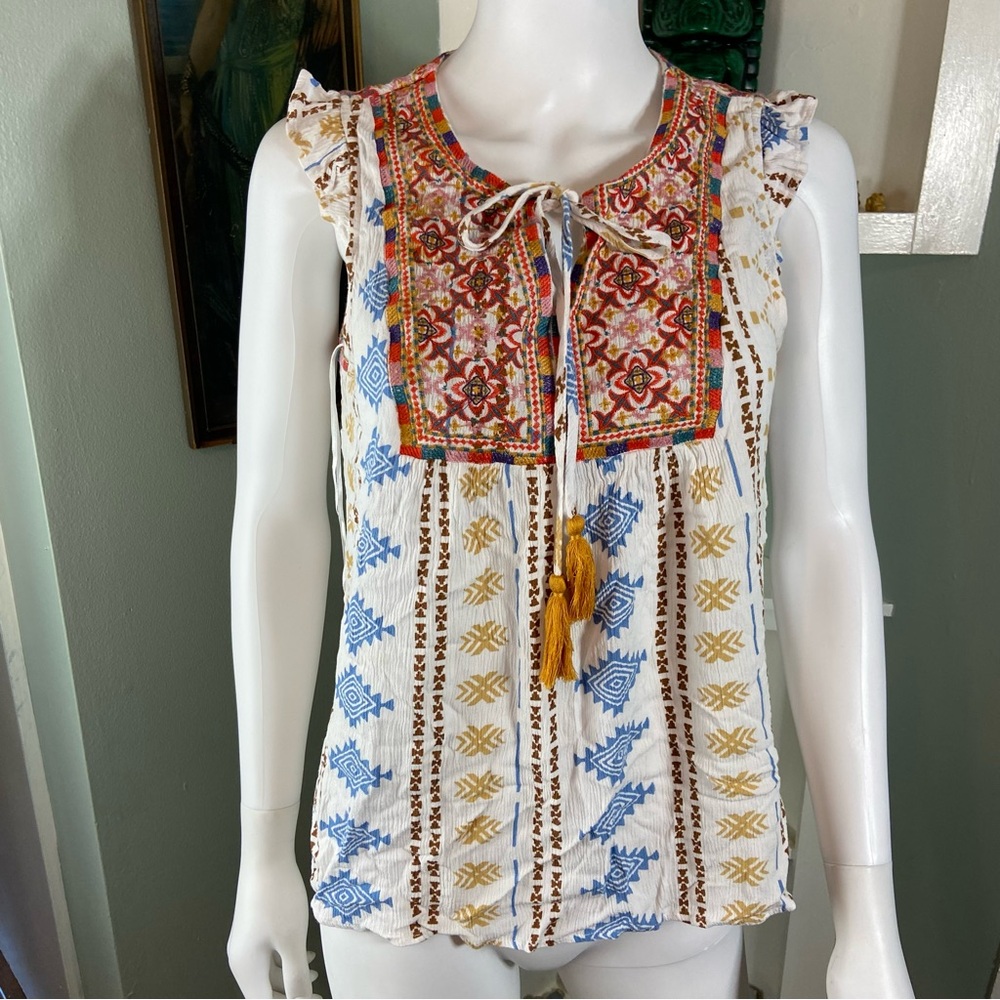 Savanna Jane Aztec Flutter Sleeve Tank Top Embroidered Blouse Top Shirt Small S